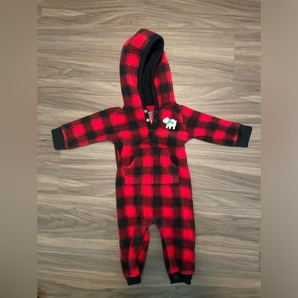 Carter's Red and Black Plaid Kids Fleece Footie with hoodie size 6M